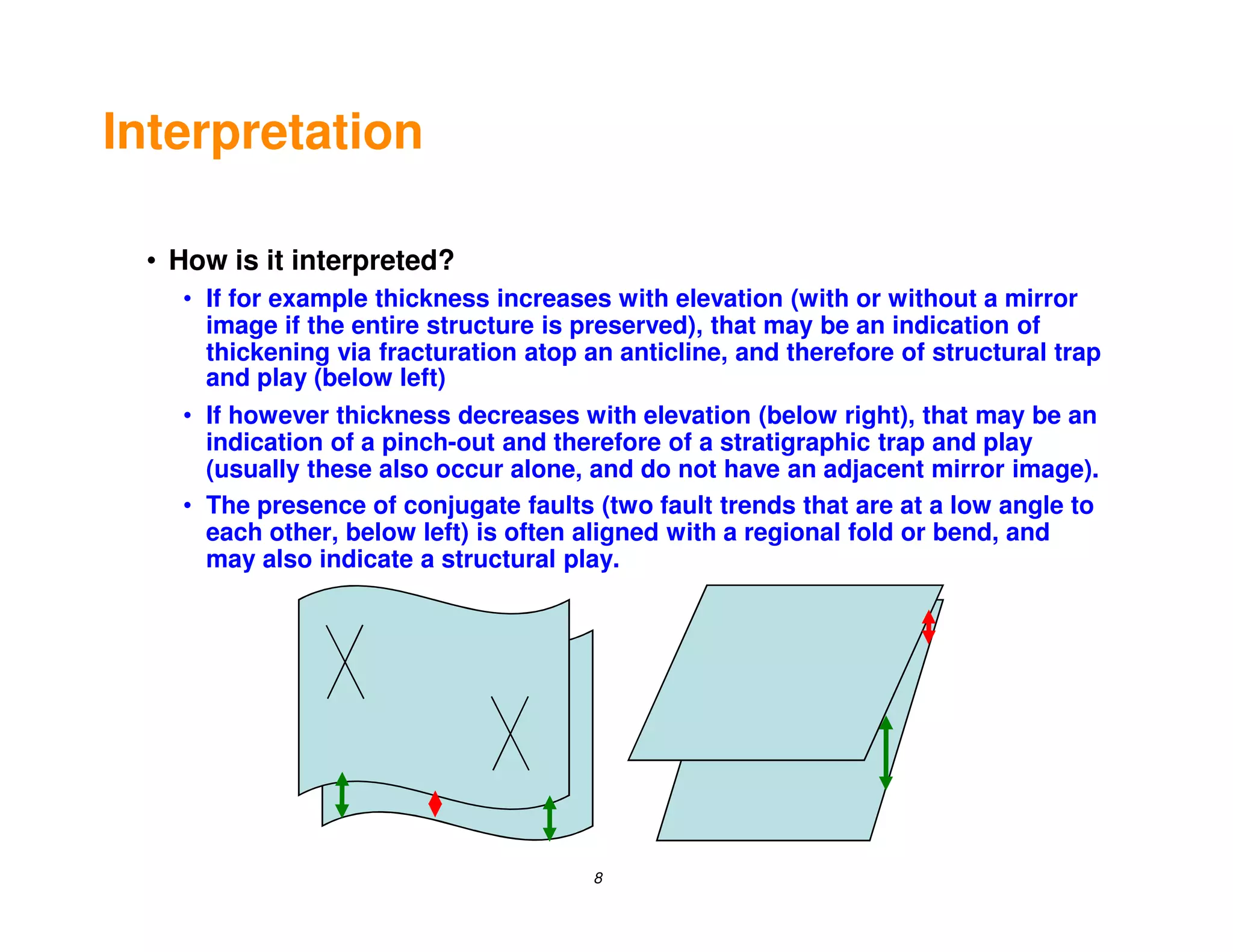 Interpretation

 • How is it interpreted?
   • If for example thickness increases with elevation (with or without a mirror
     image if the entire structure is preserved), that may be an indication of
     thickening via fracturation atop an anticline, and therefore of structural trap
     and play (below left)
   • If however thickness decreases with elevation (below right), that may be an
     indication of a pinch-out and therefore of a stratigraphic trap and play
     (usually these also occur alone, and do not have an adjacent mirror image).
   • The presence of conjugate faults (two fault trends that are at a low angle to
     each other, below left) is often aligned with a regional fold or bend, and
     may also indicate a structural play.




                                       8
 