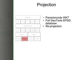 Projection <ul><ul><li>Parse/encode WKT </li></ul></ul><ul><ul><li>Full GeoTools EPSG database </li></ul></ul><ul><ul><li>...