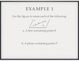 EXAMPLE 1 
Use the figure to name each of the following. 
a. A line containing point R 
b. A plane containing point P 
 