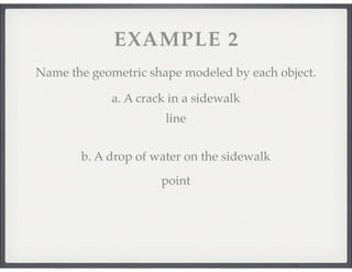 VOCABULARY 
4. Plane: 
5. Collinear: 
6. Coplanar: 
7. Intersection: 
 