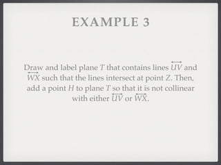 EXAMPLE 3
Draw and label plane T that contains lines UV and
WX such that the lines intersect at point Z. Then,
add a point H to plane T so that it is not collinear
with either UV or WX.
 