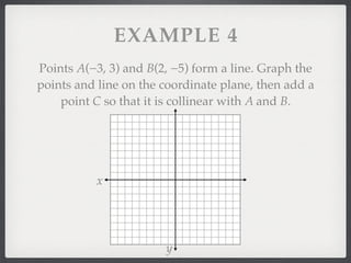 EXAMPLE 4
Points A(−3, 3) and B(2, −5) form a line. Graph the
points and line on the coordinate plane, then add a
point C so that it is collinear with A and B.
x
y
 