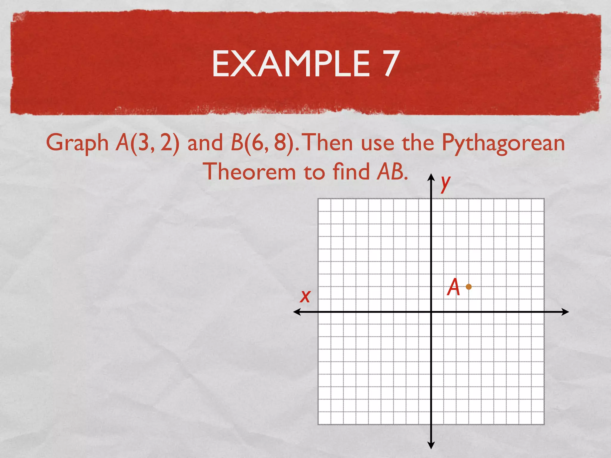 EXAMPLE 7
Graph A(3, 2) and B(6, 8).Then use the Pythagorean
Theorem to ﬁnd AB.
x
y
A
 