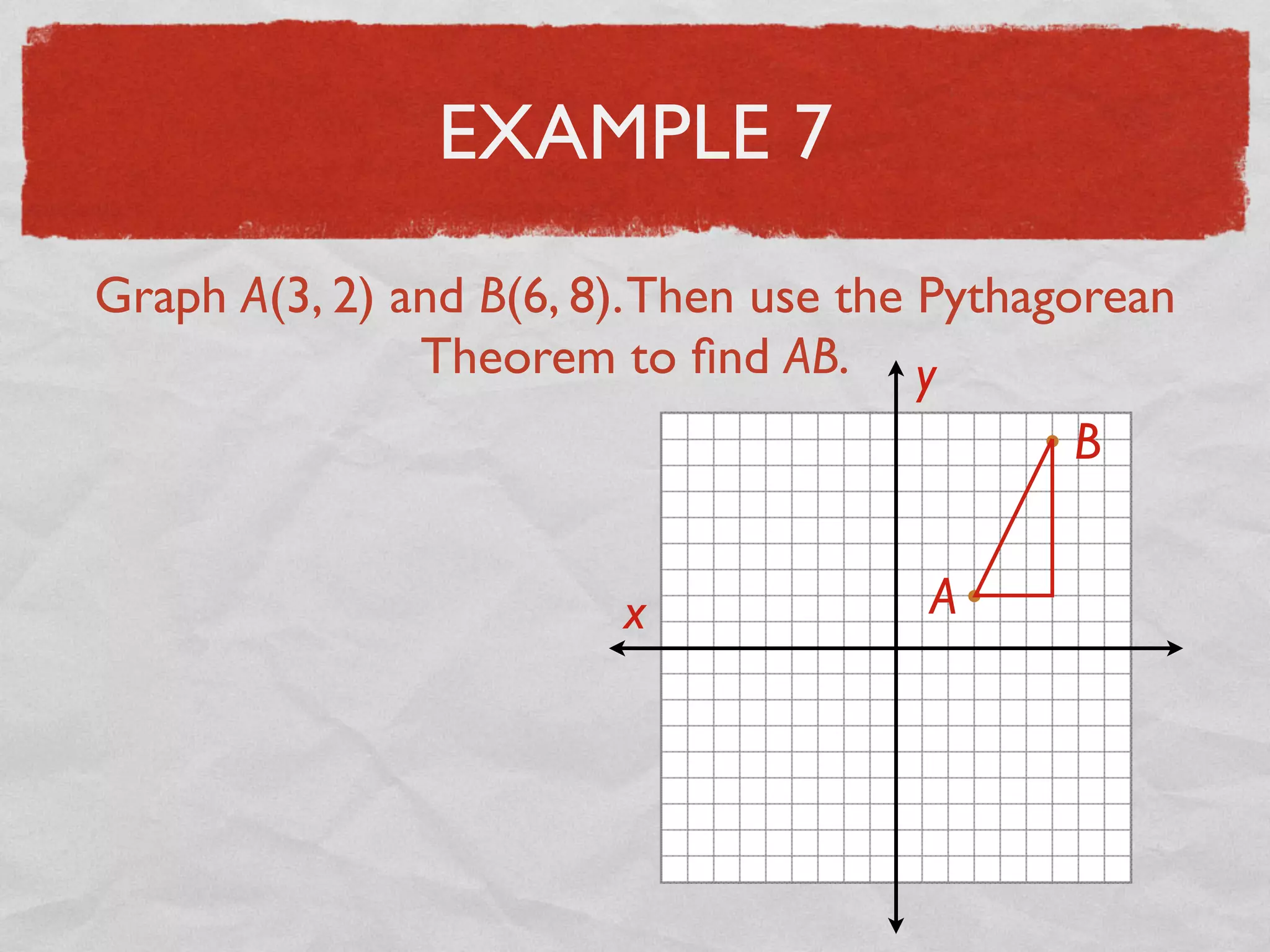 EXAMPLE 7
Graph A(3, 2) and B(6, 8).Then use the Pythagorean
Theorem to ﬁnd AB.
x
y
A
B
 