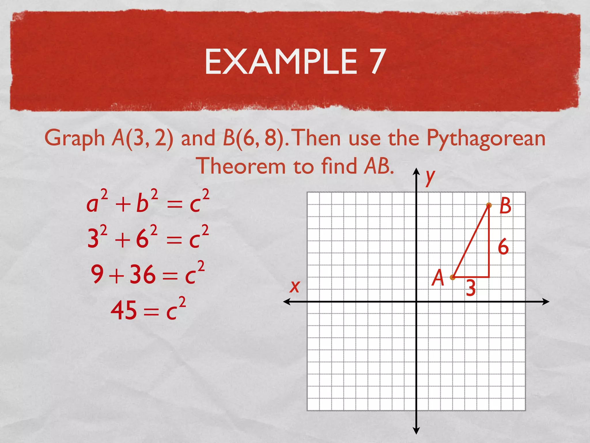 EXAMPLE 7
Graph A(3, 2) and B(6, 8).Then use the Pythagorean
Theorem to ﬁnd AB.
x
y
A
B
3
6
a2
+ b2
= c2
32
+ 62
= c2
9 + 36 = c2
45 = c2
 