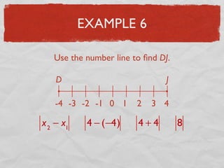 EXAMPLE 6
Use the number line to ﬁnd DJ.
D J
-4 -3 -2 -1 0 1 2 3 4
x2
− x1
4 − (−4) 4 + 4 8
 