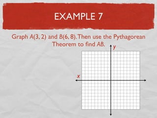 EXAMPLE 7
Graph A(3, 2) and B(6, 8).Then use the Pythagorean
Theorem to ﬁnd AB.
x
y
 