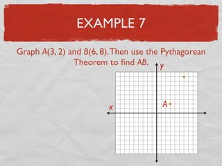 EXAMPLE 7
Graph A(3, 2) and B(6, 8).Then use the Pythagorean
Theorem to ﬁnd AB.
x
y
A
 