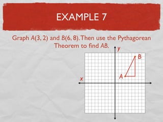 EXAMPLE 7
Graph A(3, 2) and B(6, 8).Then use the Pythagorean
Theorem to ﬁnd AB.
x
y
A
B
 