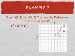 EXAMPLE 7
Graph A(3, 2) and B(6, 8).Then use the Pythagorean
Theorem to ﬁnd AB.
x
y
A
B
3
6
a2
+ b2
= c2
 