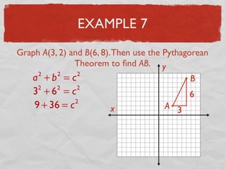 EXAMPLE 7
Graph A(3, 2) and B(6, 8).Then use the Pythagorean
Theorem to ﬁnd AB.
x
y
A
B
3
6
a2
+ b2
= c2
32
+ 62
= c2
9 + 36 = c2
 