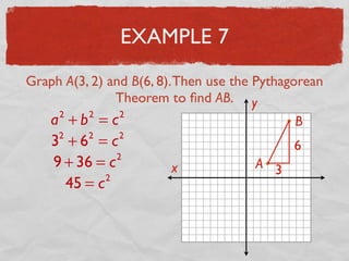 EXAMPLE 7
Graph A(3, 2) and B(6, 8).Then use the Pythagorean
Theorem to ﬁnd AB.
x
y
A
B
3
6
a2
+ b2
= c2
32
+ 62
= c2
9 + 36 = c2
45 = c2
 