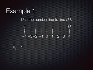 Example 1
Use the number line to ﬁnd DJ.
−4 −3 −2 −1 0 1 2 3 4
J D
x2
− x1
 