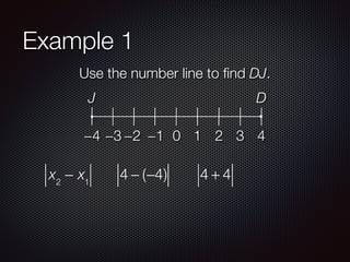 Example 1
Use the number line to ﬁnd DJ.
−4 −3 −2 −1 0 1 2 3 4
J D
x2
− x1
4 − (−4) 4 + 4
 