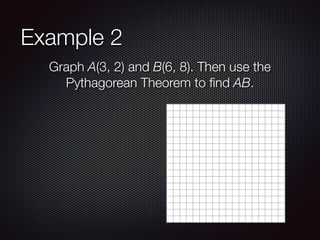 Example 2
Graph A(3, 2) and B(6, 8). Then use the
Pythagorean Theorem to ﬁnd AB.
 