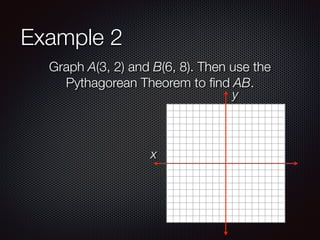Example 2
Graph A(3, 2) and B(6, 8). Then use the
Pythagorean Theorem to ﬁnd AB.
x
y
 