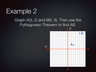 Example 2
Graph A(3, 2) and B(6, 8). Then use the
Pythagorean Theorem to ﬁnd AB.
x
y
A
B
 