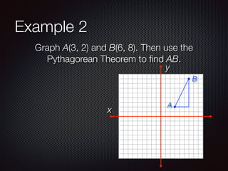 Example 2
Graph A(3, 2) and B(6, 8). Then use the
Pythagorean Theorem to ﬁnd AB.
x
y
A
B
 