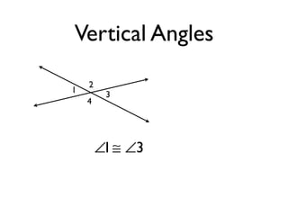 Vertical Angles
∠1≅ ∠3
1
2
3
4
 