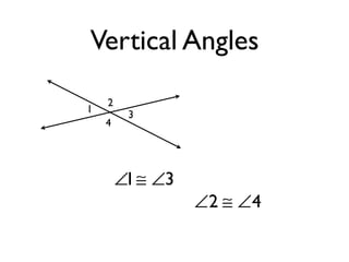 Vertical Angles
∠1≅ ∠3
1
2
3
4
∠2 ≅ ∠4
 