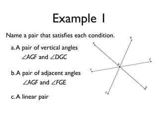 Example 1
Name a pair that satisﬁes each condition.
a.A pair of vertical angles
∠AGF and ∠DGC
b.A pair of adjacent angles
∠AGF and ∠FGE
c.A linear pair
 