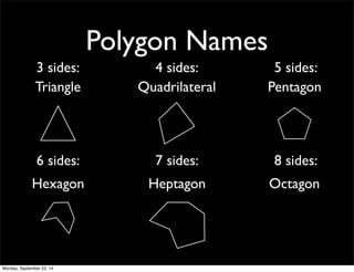 Polygon Names 
3 sides: 4 sides: 5 sides: 
Triangle Quadrilateral Pentagon 
6 sides: 7 sides: 8 sides: 
Hexagon Heptagon Octagon 
Monday, September 22, 14 
 