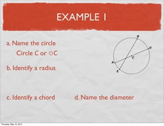 EXAMPLE 1

     a. Name the circle
         Circle C or ⊙C

     b. Identify a radius



     c. Identify a chord       d. Name the diameter


Friday, May 11, 2012
 