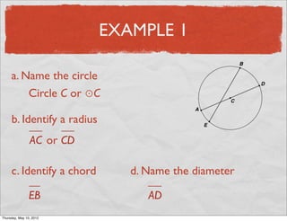 EXAMPLE 1

     a. Name the circle
         Circle C or ⊙C

     b. Identify a radius
                 AC or CD

     c. Identify a chord       d. Name the diameter

                EB                AD
Friday, May 11, 2012
 