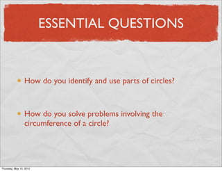 ESSENTIAL QUESTIONS



                  How do you identify and use parts of circles?



                  How do you solve problems involving the
                  circumference of a circle?




Friday, May 11, 2012
 