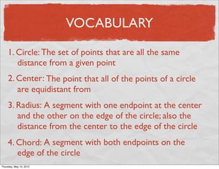 VOCABULARY

     1. Circle: The set of points that are all the same
        distance from a given point
     2. Center: The point that all of the points of a circle
        are equidistant from
     3. Radius: A segment with one endpoint at the center
        and the other on the edge of the circle; also the
        distance from the center to the edge of the circle
     4. Chord: A segment with both endpoints on the
        edge of the circle
Friday, May 11, 2012
 