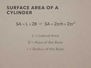 SURFACE AREA OF A
CYLINDER
L = Lateral Area
r = Radius of the Base
SA = L + 2B or SA = 2πrh + 2πr2
B = Area of the Base
 