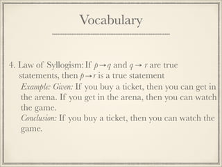 Vocabulary 
4. Law of Syllogism: 
If p q and q r are true 
statements, then p r is a true statement 
Example: Given: If you buy a ticket, then you can get in 
the arena. If you get in the arena, then you can watch 
the game. 
Conclusion: If you buy a ticket, then you can watch the 
game. 
 