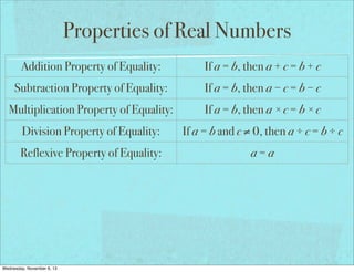 Properties of Real Numbers
Addition Property of Equality:

If a = b, then a + c = b + c

Subtraction Property of Equality:

If a = b, then a − c = b − c

Multiplication Property of Equality:

If a = b, then a × c = b × c

Division Property of Equality:

If a = b and c ≠ 0, then a ÷ c = b ÷ c

Reflexive Property of Equality:

a=a

Symmetric Property of Equality:

If a = b, then b = a

Transitive Property of Equality:

If a = b and b = c, then a = c

If a = b, then a may be replaced by b
Substitution Property of Equality:
in any equation/expression
Distributive Property:
Wednesday, November 6, 13

a(b + c) = ab + ac

 