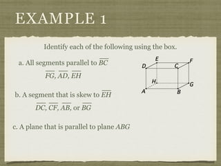 EXAMPLE 1
Identify each of the following using the box.
a. All segments parallel to BC
FG, AD, EH
b. A segment that is skew to EH
DC, CF, AB, or BG
c. A plane that is parallel to plane ABG
 