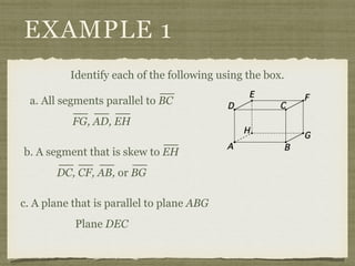 EXAMPLE 1
Identify each of the following using the box.
a. All segments parallel to BC
FG, AD, EH
b. A segment that is skew to EH
DC, CF, AB, or BG
c. A plane that is parallel to plane ABG
Plane DEC
 