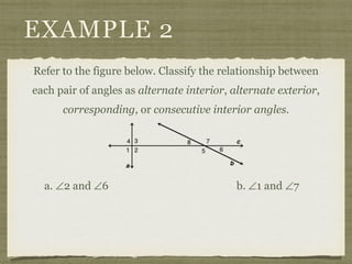 EXAMPLE 2
Refer to the figure below. Classify the relationship between
each pair of angles as alternate interior, alternate exterior,
corresponding, or consecutive interior angles.
a. ∠2 and ∠6 b. ∠1 and ∠7
 