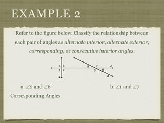 EXAMPLE 2
Refer to the figure below. Classify the relationship between
each pair of angles as alternate interior, alternate exterior,
corresponding, or consecutive interior angles.
a. ∠2 and ∠6 b. ∠1 and ∠7
Corresponding Angles
 