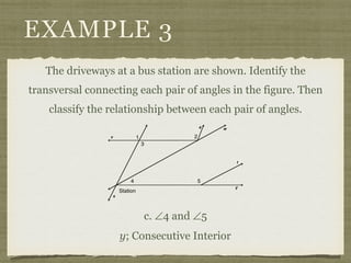 EXAMPLE 3
The driveways at a bus station are shown. Identify the
transversal connecting each pair of angles in the figure. Then
classify the relationship between each pair of angles.
c. ∠4 and ∠5
y; Consecutive Interior
 
