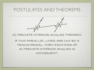 POSTULATES AND THEOREMS
ALTERNATE INTERIOR ANGLES THEOREM
IF TWO PARALLEL LINES ARE CUT BY A
TRANSVERSAL, THEN EACH PAIR OF
ALTERNATE INTERIOR ANGLES IS
CONGRUENT.
 