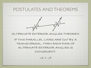 POSTULATES AND THEOREMS
ALTERNATE EXTERIOR ANGLES THEOREM
IF TWO PARALLEL LINES ARE CUT BY A
TRANSVERSAL, THEN EACH PAIR OF
ALTERNATE EXTERIOR ANGLES IS
CONGRUENT.
∠2 ≅ ∠7
 