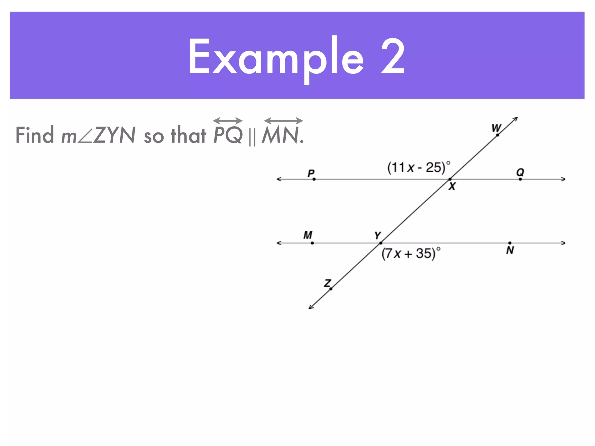 Example 2
Find m∠ZYN so that PQ ! MN.
 