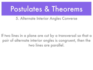 Postulates & Theorems
5. Alternate Interior Angles Converse
If two lines in a plane are cut by a transversal so that a
pair of alternate interior angles is congruent, then the
two lines are parallel.
 
