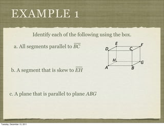 EXAMPLE 1
                             Identify each of the following using the box.

            a. All segments parallel to BC



          b. A segment that is skew to EH



        c. A plane that is parallel to plane ABG




Tuesday, December 13, 2011
 
