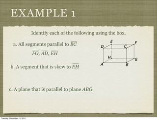 EXAMPLE 1
                             Identify each of the following using the box.

            a. All segments parallel to BC
                             FG, AD, EH

          b. A segment that is skew to EH



        c. A plane that is parallel to plane ABG




Tuesday, December 13, 2011
 