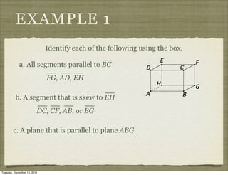 EXAMPLE 1
                             Identify each of the following using the box.

            a. All segments parallel to BC
                             FG, AD, EH

          b. A segment that is skew to EH
                         DC, CF, AB, or BG

        c. A plane that is parallel to plane ABG




Tuesday, December 13, 2011
 