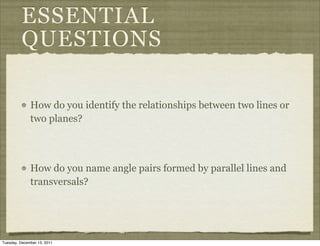 ESSENTIAL
          QUESTIONS

              How do you identify the relationships between two lines or
              two planes?



              How do you name angle pairs formed by parallel lines and
              transversals?




Tuesday, December 13, 2011
 