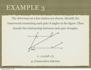 EXAMPLE 3
                    The driveways at a bus station are shown. Identify the
            transversal connecting each pair of angles in the figure. Then
                     classify the relationship between each pair of angles.




                                         c. ∠4 and ∠5
                                    y; Consecutive Interior

Tuesday, December 13, 2011
 