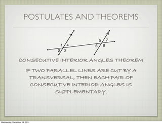 POSTULATES AND THEOREMS




                 CONSECUTIVE INTERIOR ANGLES THEOREM
                        IF TWO PARALLEL LINES ARE CUT BY A
                          TRANSVERSAL, THEN EACH PAIR OF
                          CONSECUTIVE INTERIOR ANGLES IS
                                 SUPPLEMENTARY.




Wednesday, December 14, 2011
 