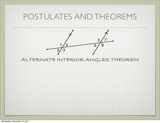 POSTULATES AND THEOREMS




                    ALTERNATE INTERIOR ANGLES THEOREM




Wednesday, December 14, 2011
 