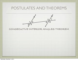 POSTULATES AND THEOREMS




                 CONSECUTIVE INTERIOR ANGLES THEOREM




Wednesday, December 14, 2011
 